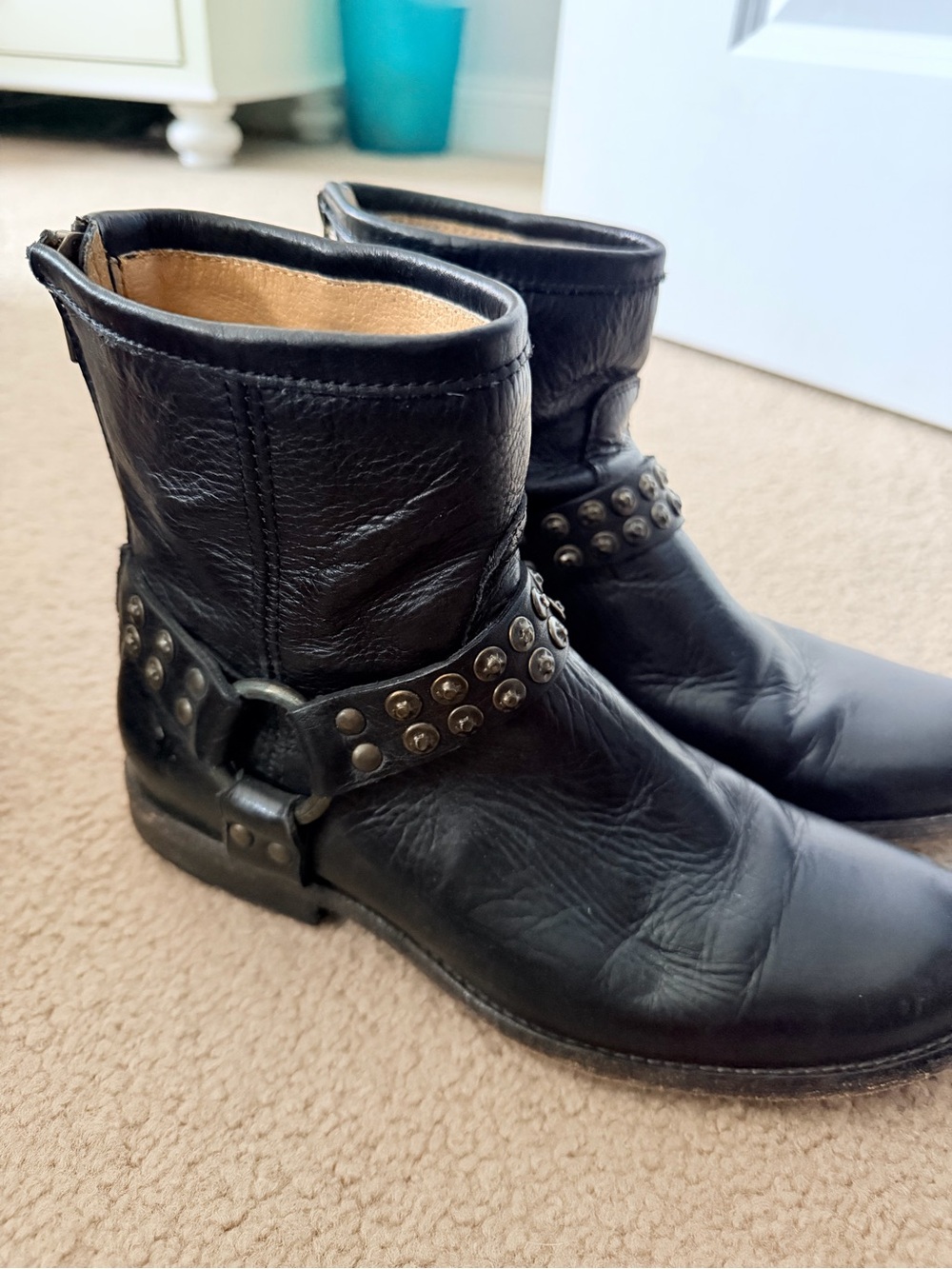 Frye Black Studded Harness Leather Ankle Boots